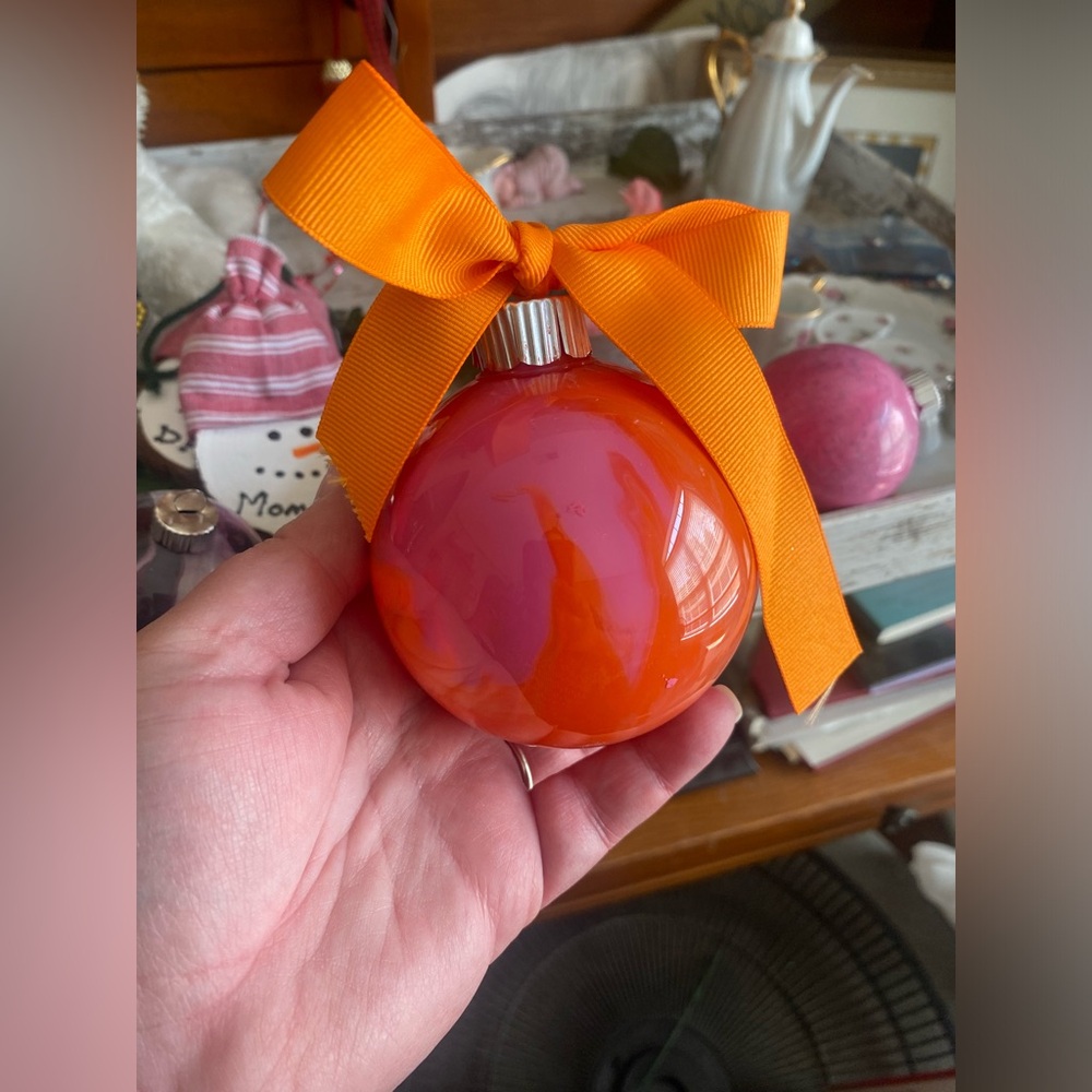 Orange & Pink Swirl Plastic Holiday Ornament with Orange Bow